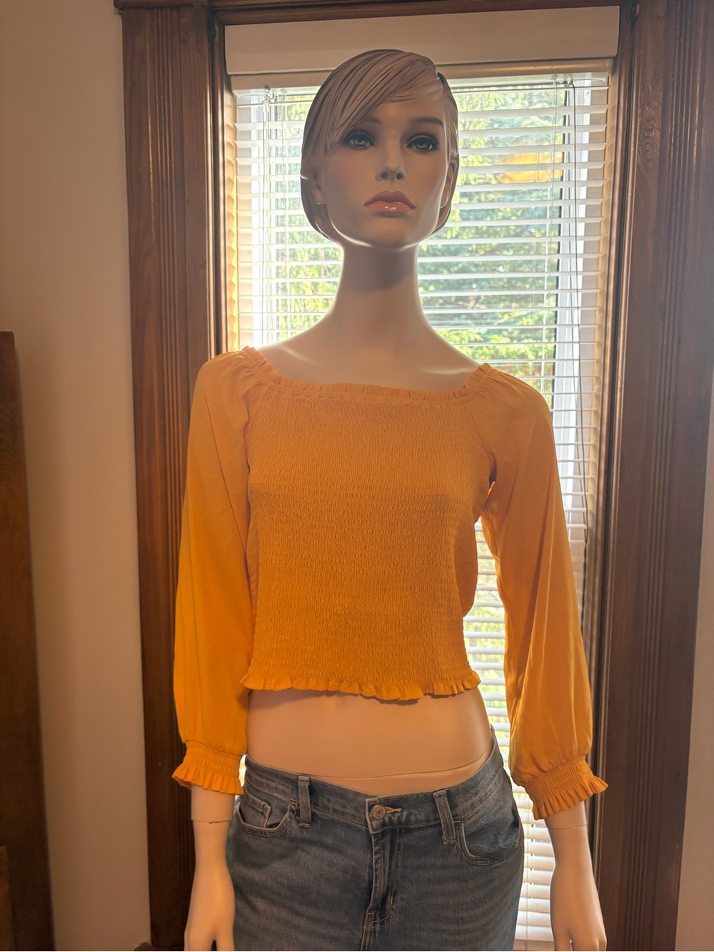 Guess Mustard Smocked Square-Neck Crop Top